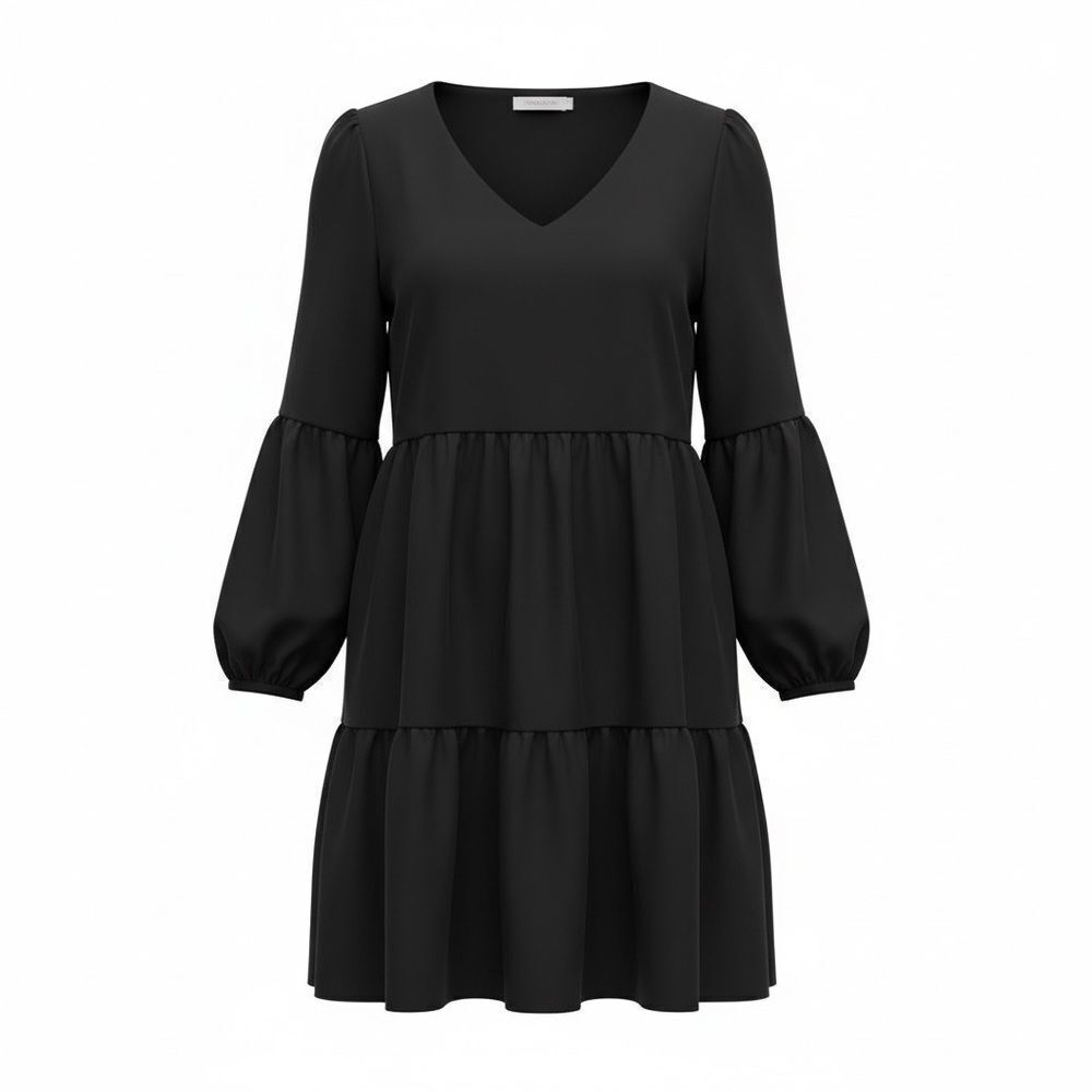 V-Neck Tiered Long Sleeve Unlined Pullover Mini Dress Black Size Small‎
